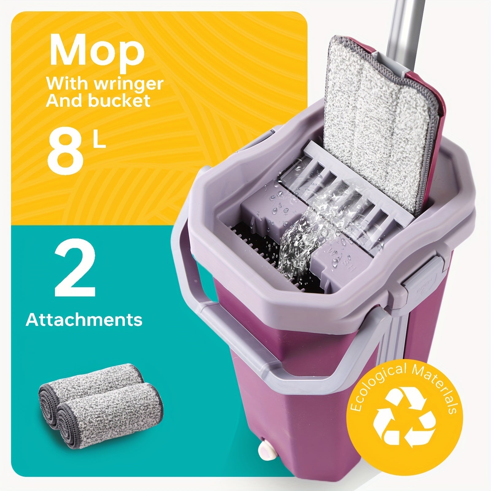 8L Manual Mop and Bucket Set with Microfiber Pads for Floor Cleaning