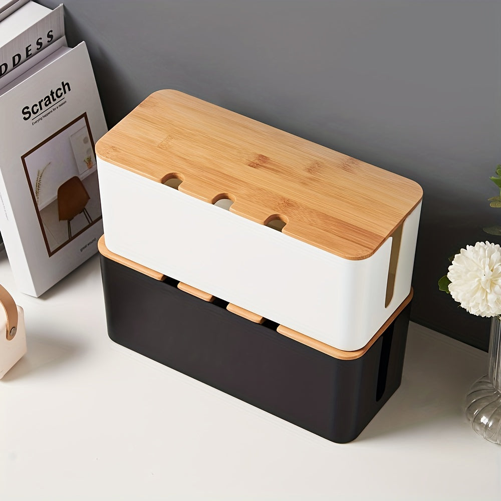 Desktop Storage Box with Bamboo Wooden Cover for Cable and Makeup Organization