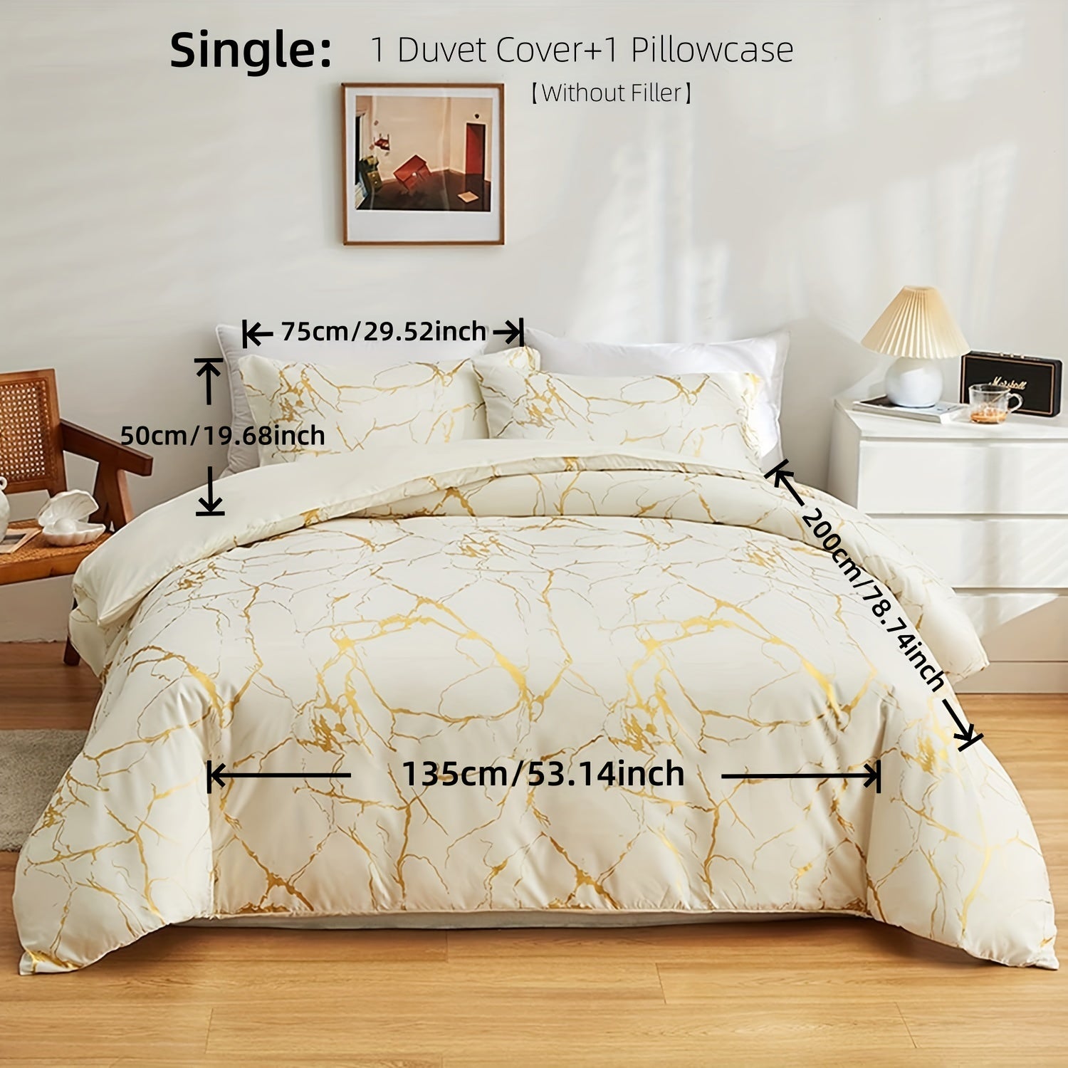 White Marble Pattern Quilt Cover Set with Gold Foil Print 2/3 Pieces Bedding