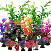 15pcs Fish Tank Decorations Resin Broken Barrel Cave Rock Plastic Plants