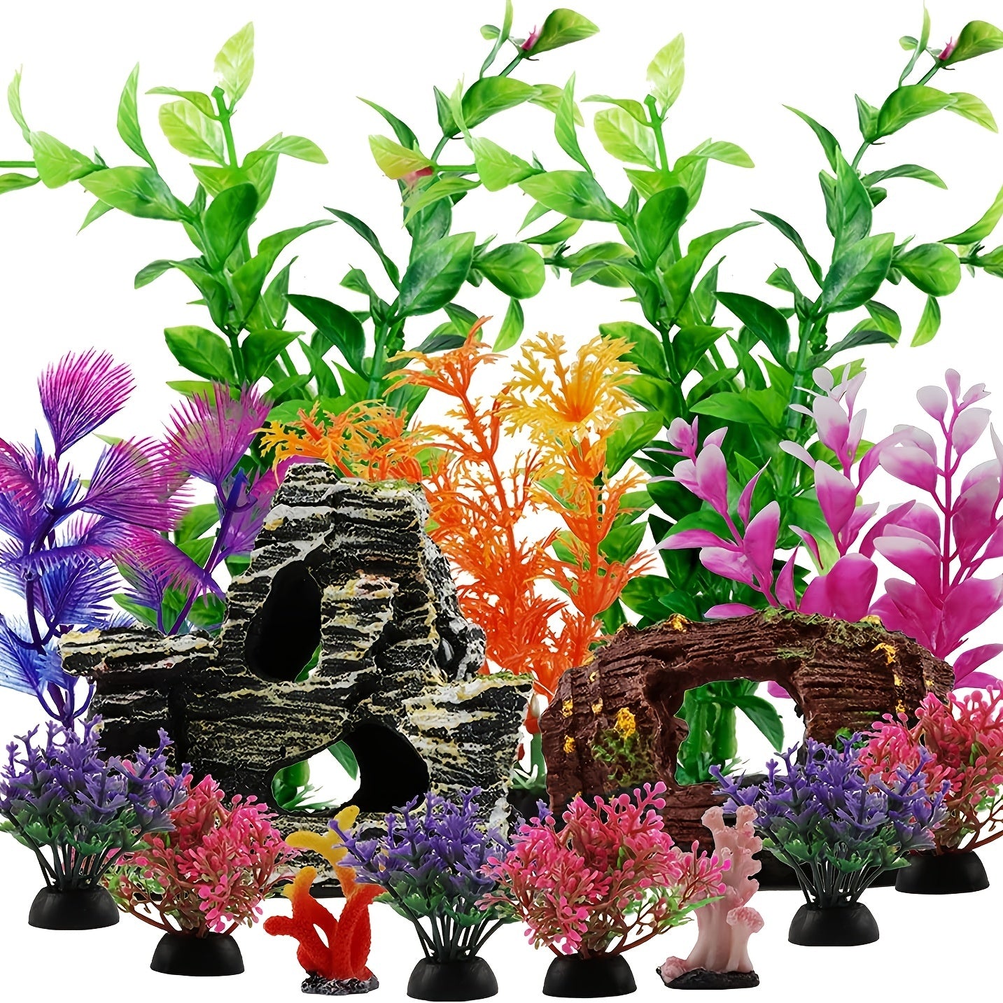 15pcs Fish Tank Decorations Resin Broken Barrel Cave Rock Plastic Plants