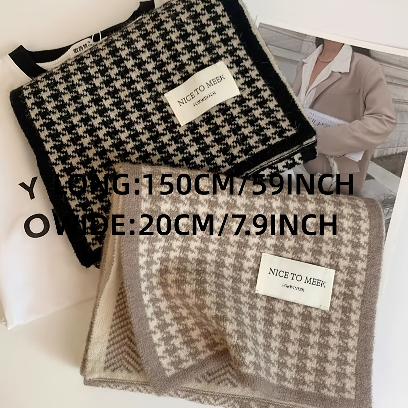 Women's Houndstooth Knit Scarf Warm Windproof Casual Accessory
