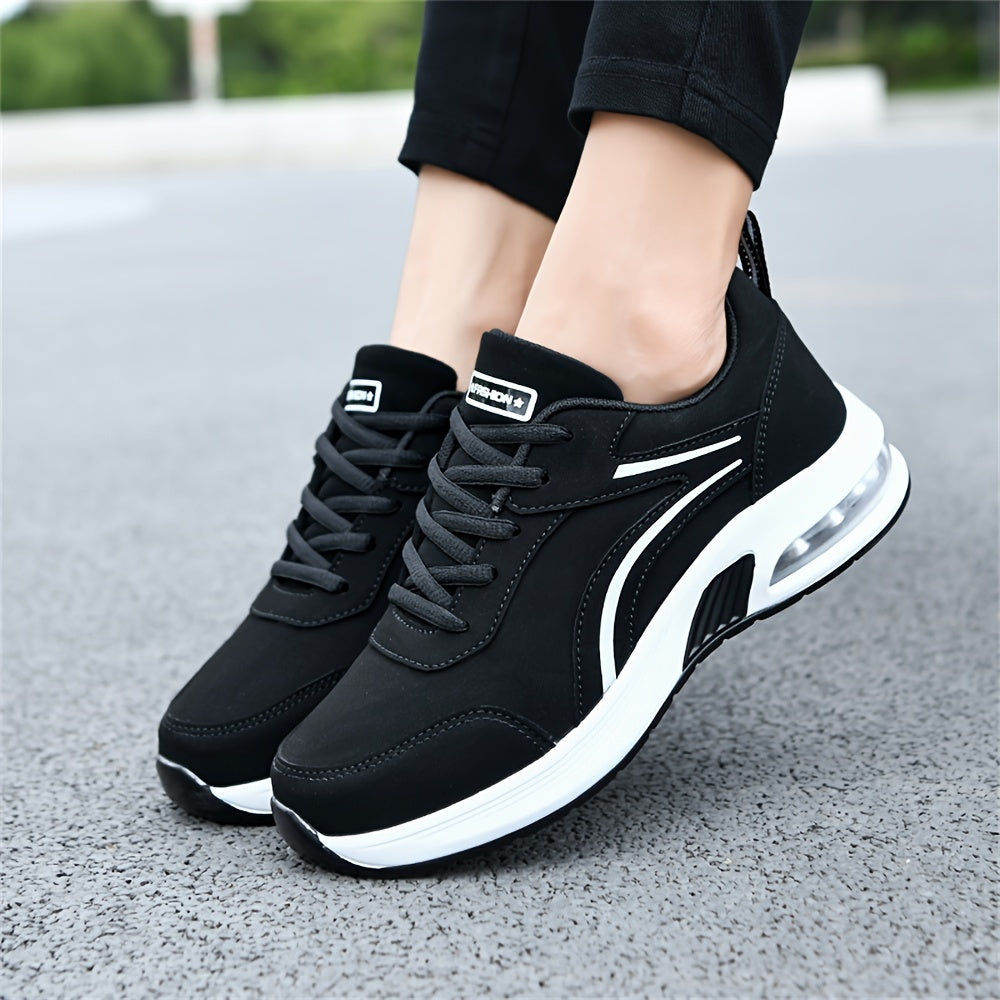 Women's Black Synthetic Leather Casual Sneakers with Air Cushion Support for All Seasons