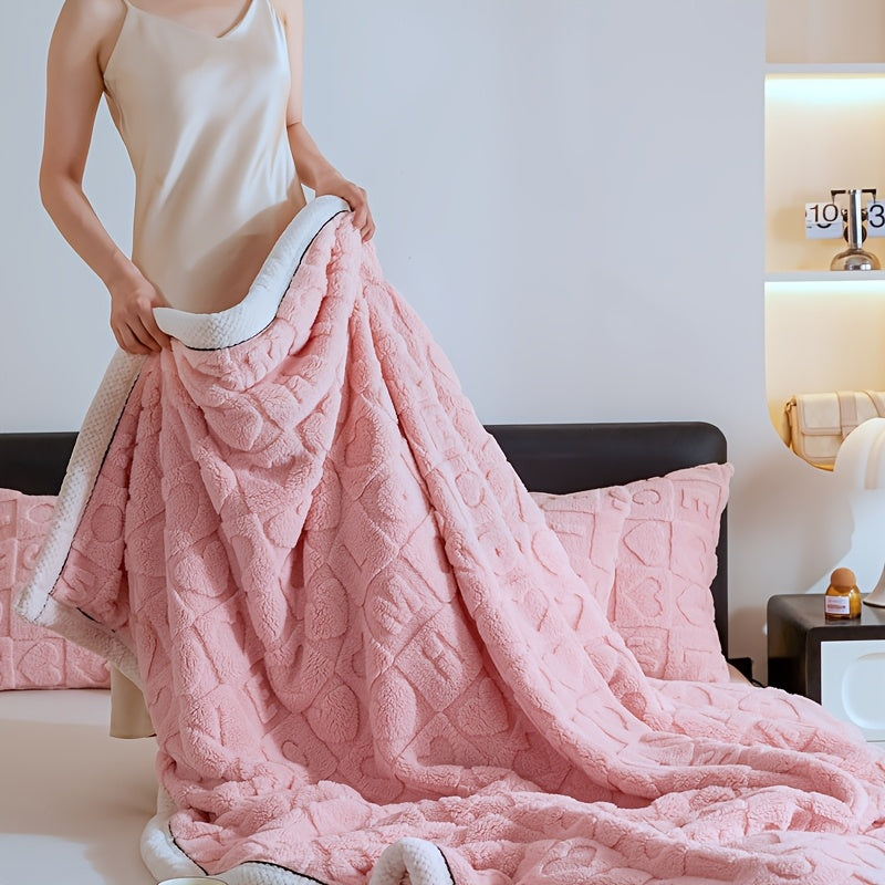 Fleece Blanket Faux Cashmere Heart Pattern Solid Color Cozy Throw for Sofa Bed Travel