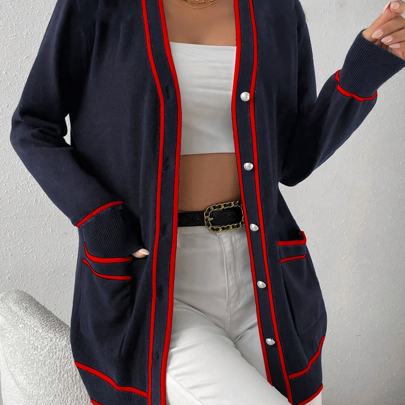 Plus Size Black White Cardigan Sweater with Pearl Buttons for Women