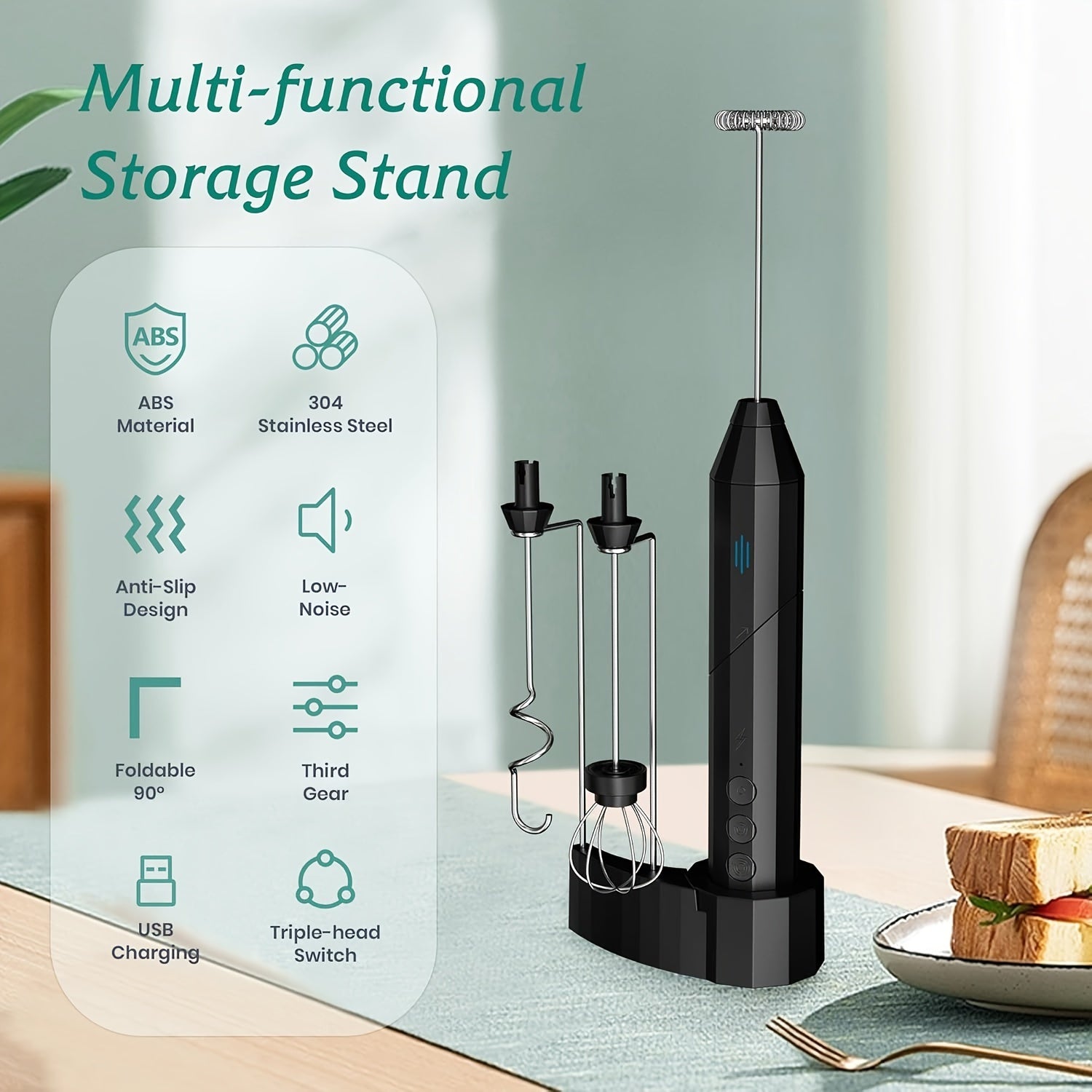 Batidor de leche de mano recargable con soporte, batidor eléctrico de 3 velocidades y accesorios de acero inoxidable