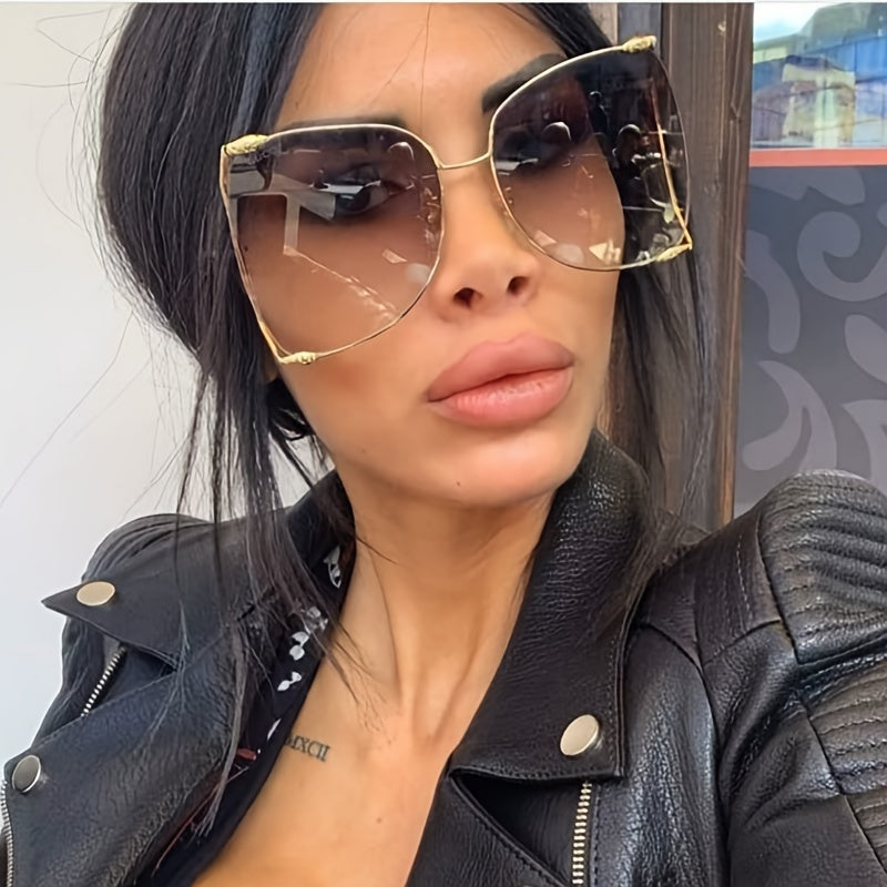 Gafas de moda para mujer con montura metálica irregular y oversized, decoradas con perlas falsas, color degradado para conducir y hacer senderismo