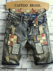 Men's Denim Shorts Ripped Distressed Cotton Blend Regular Fit Summer Street Style