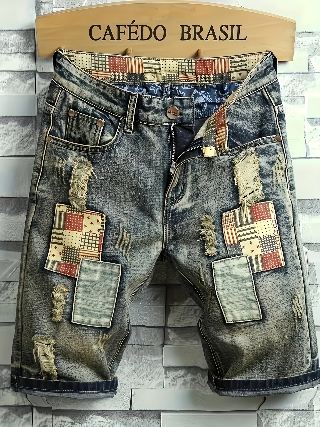 Men's Denim Shorts Ripped Distressed Cotton Blend Regular Fit Summer Street Style