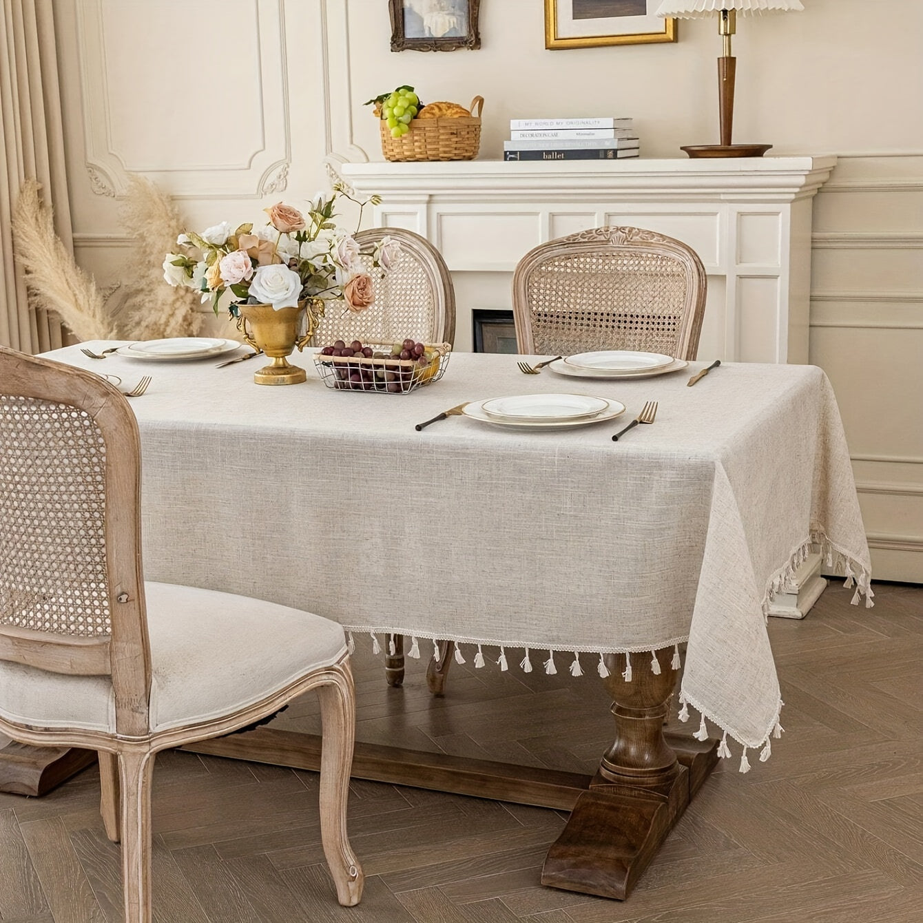 Polyester Cream Tassel Lace Tablecloth Khaki for Holidays and Parties