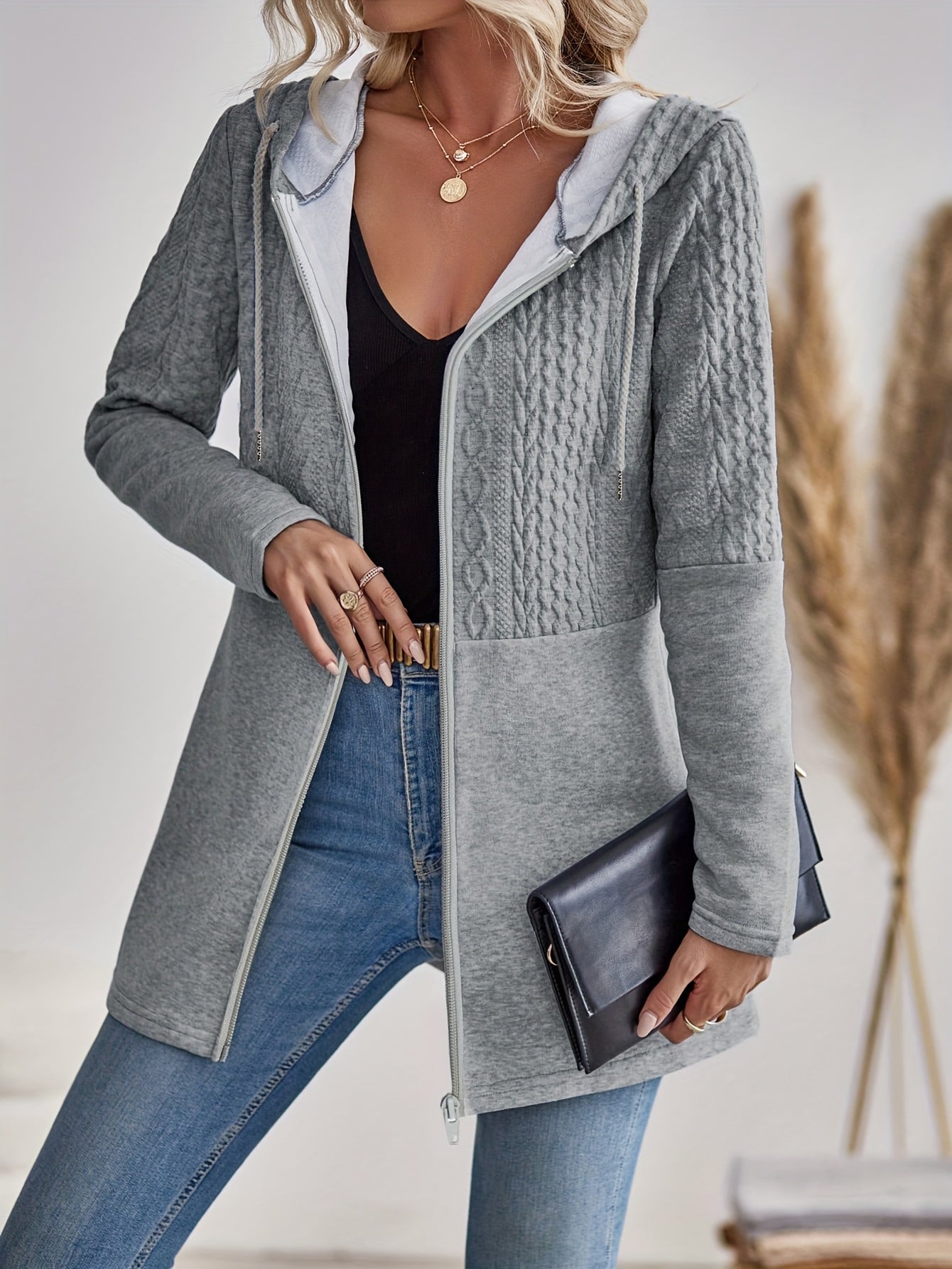 Women's Gray Hooded Cardigan Polyester Zipper Solid Color All Season