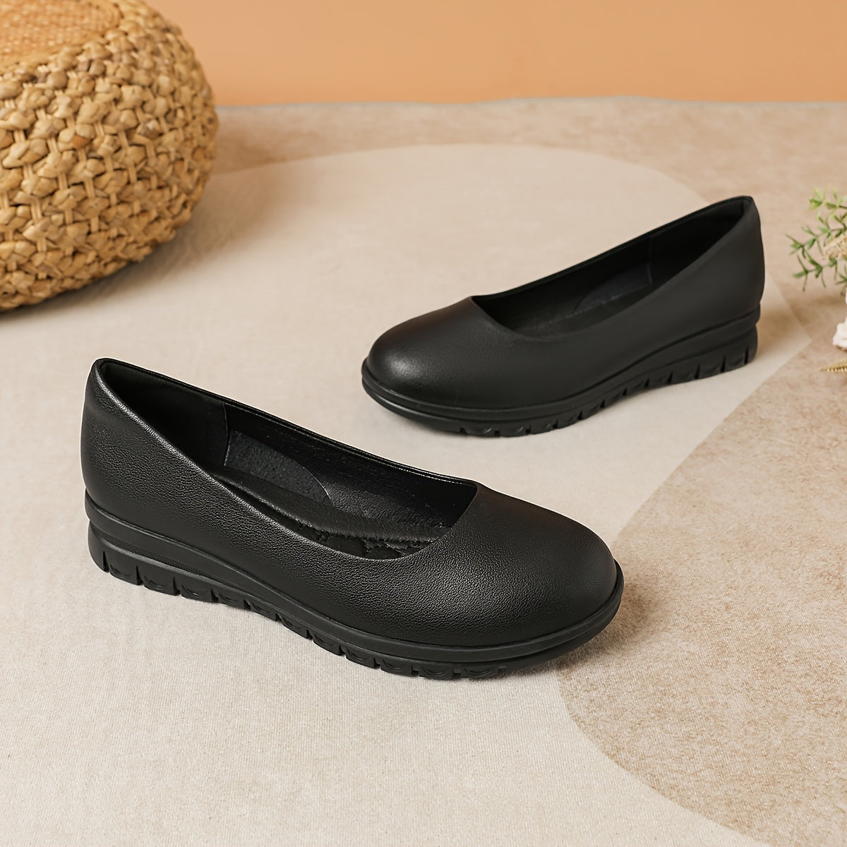 Women's Black Office Flats Non-Slip Round Toe Microfiber Shoes