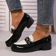 Women's Black and White Loafers with Golden Chain Slip-On Chunky Heel