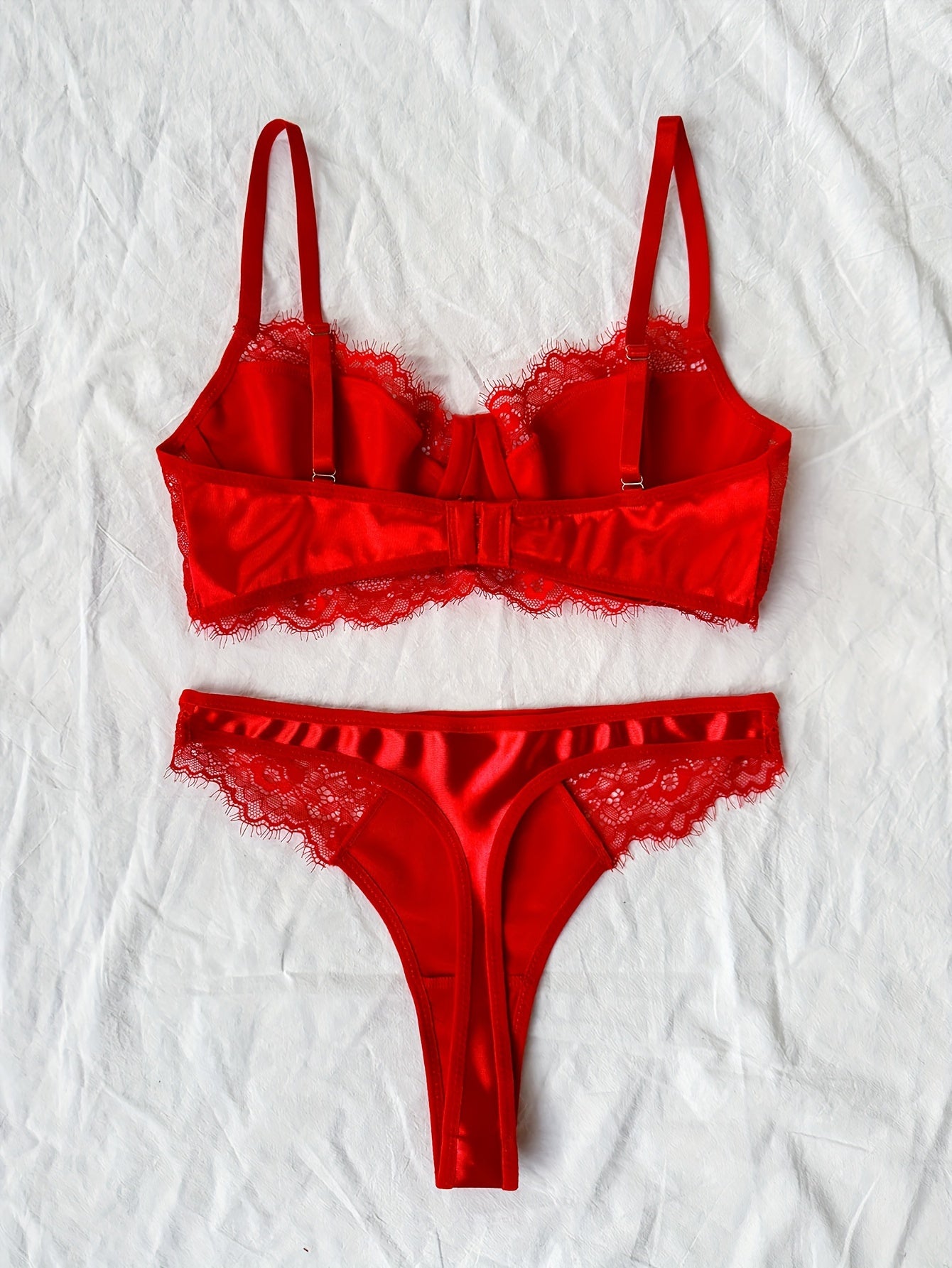 Women's Lace Satin Longline Underwire Bra and Thong Set for Valentine's Day