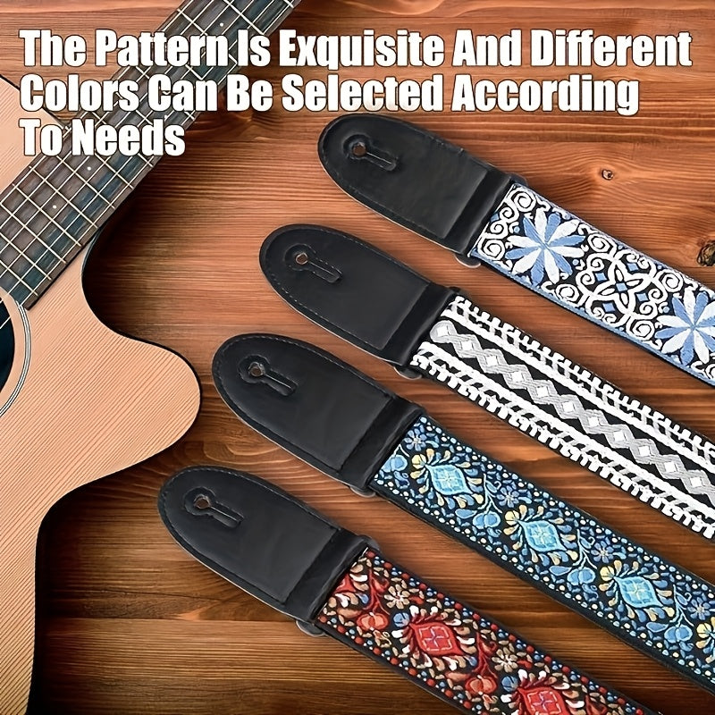 Vintage Blue Floral Embroidered Guitar Strap Faux Leather Ends for Bass Electric Acoustic