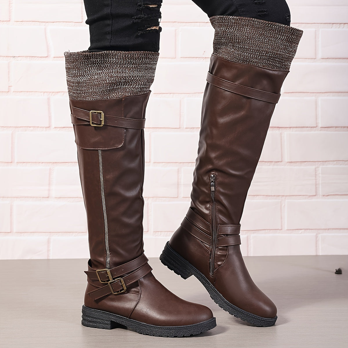 Women's Knit Long Winter Boots Brown Faux Cover Mid-Calf Chunky Heel