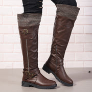 Women's Knit Long Winter Boots Brown Faux Cover Mid-Calf Chunky Heel