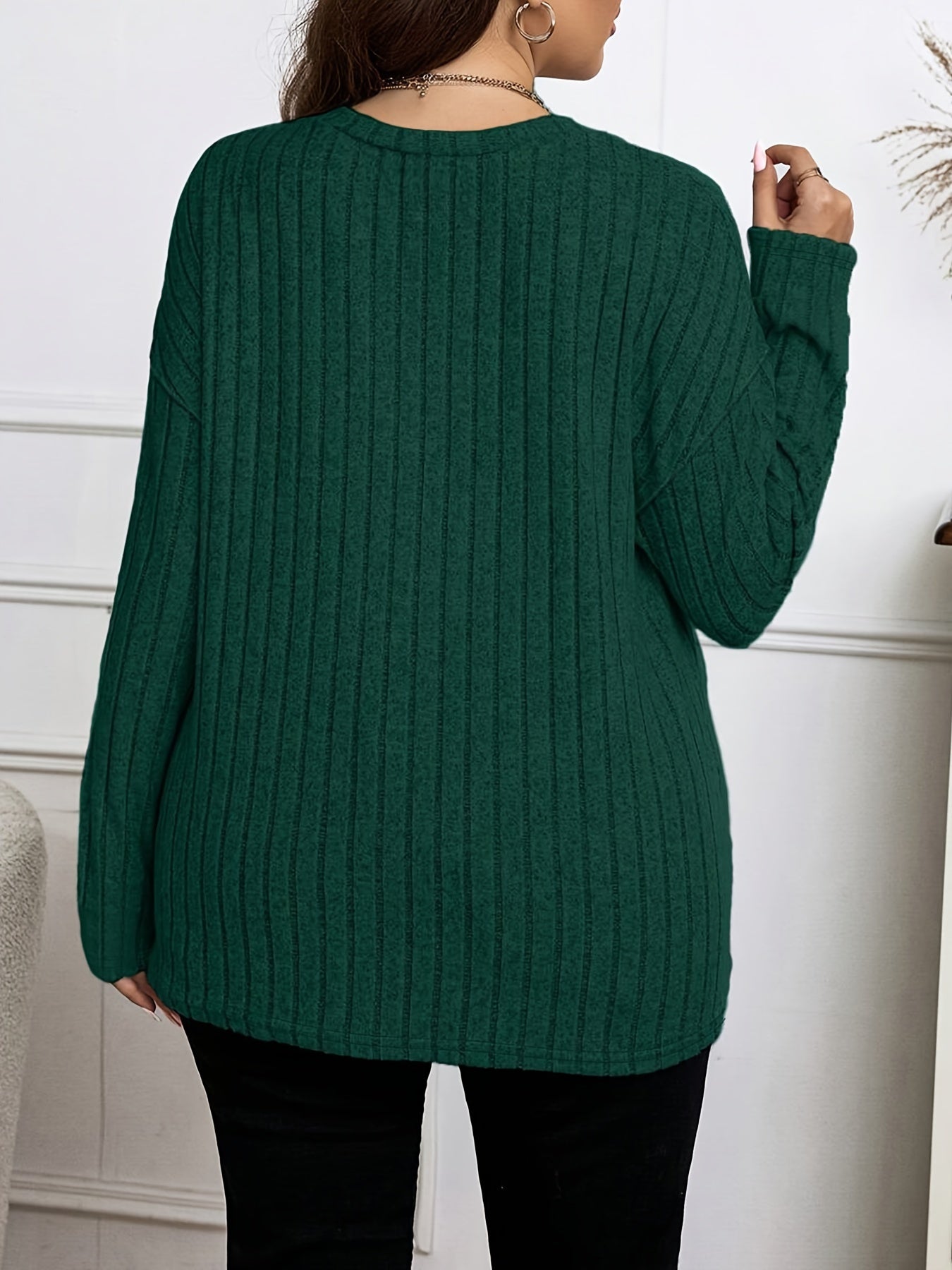 Plus Size V-Neck T-Shirt for Women Polyester Solid Button Decor Fall Spring