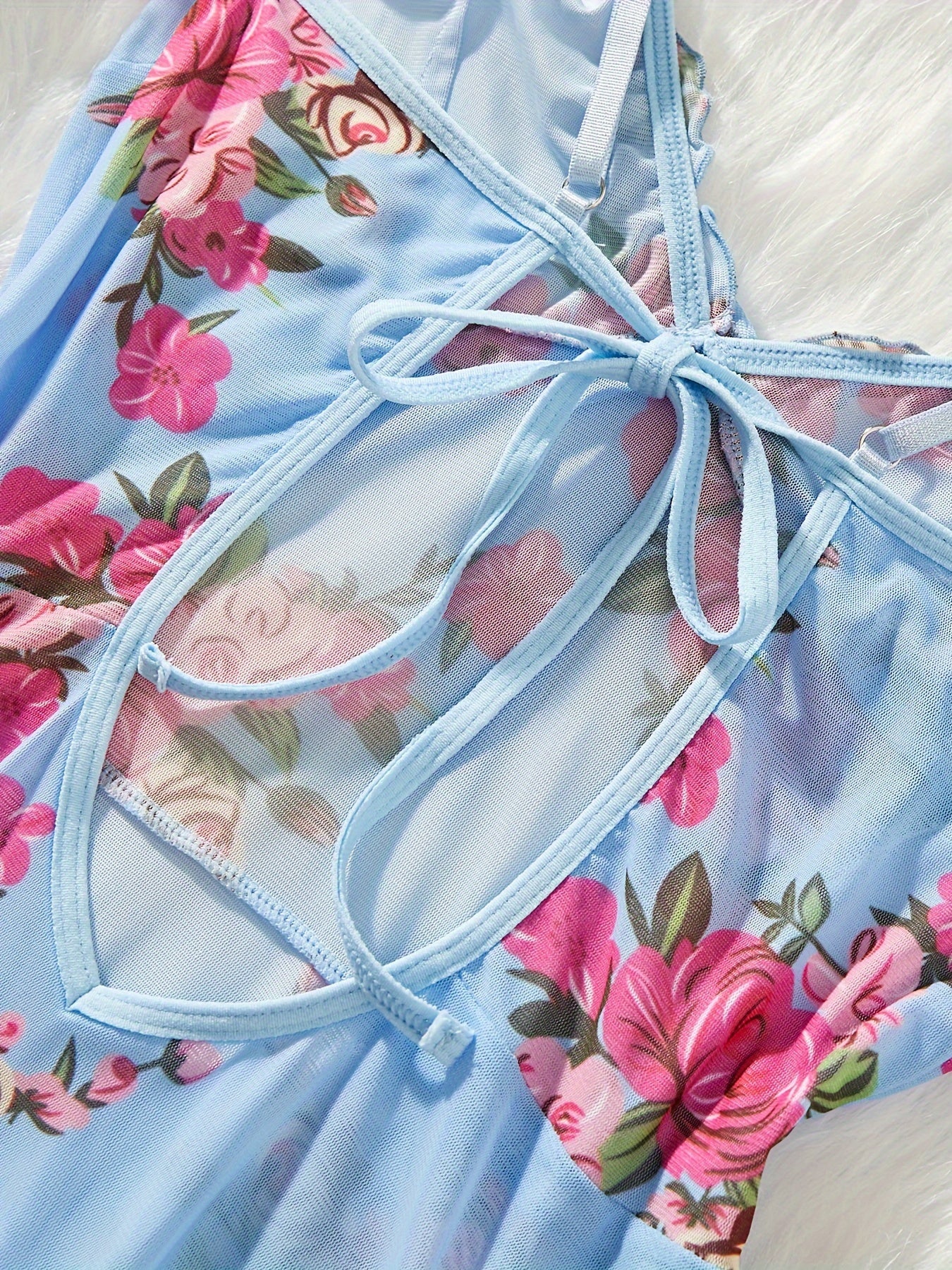 Women's Floral Print Babydoll Dress with Thong Lingerie Set