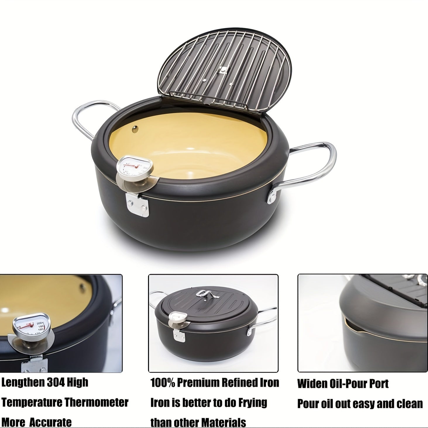 Deep Fryer Pot with Thermometer 2.3L or 3.5L Nonstick Coating for Tempura Fish Chicken