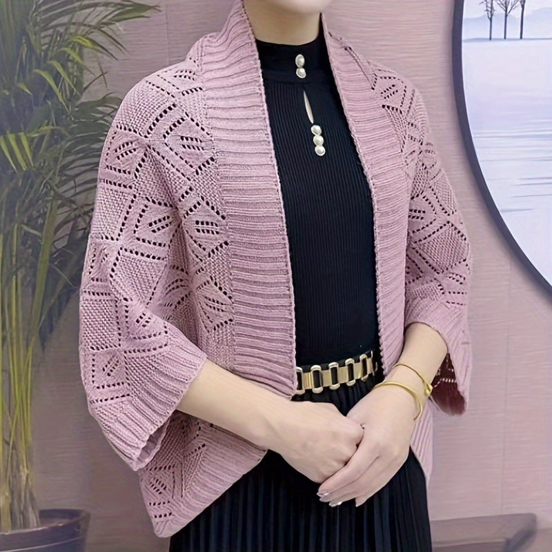 Black Knit Cardigan Shawl for Women Autumn Winter Soft Acrylic Layering Wrap with Three-Quarter Sleeves