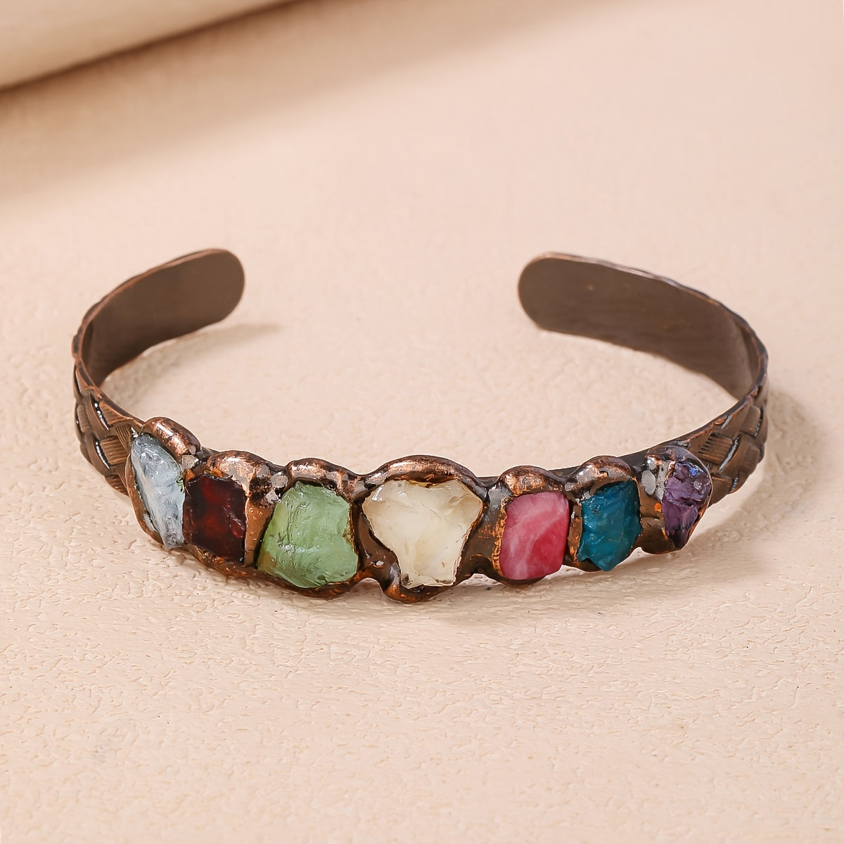 Bohemian Copper Cuff Bracelet with Gemstones and Burnt Welded Design