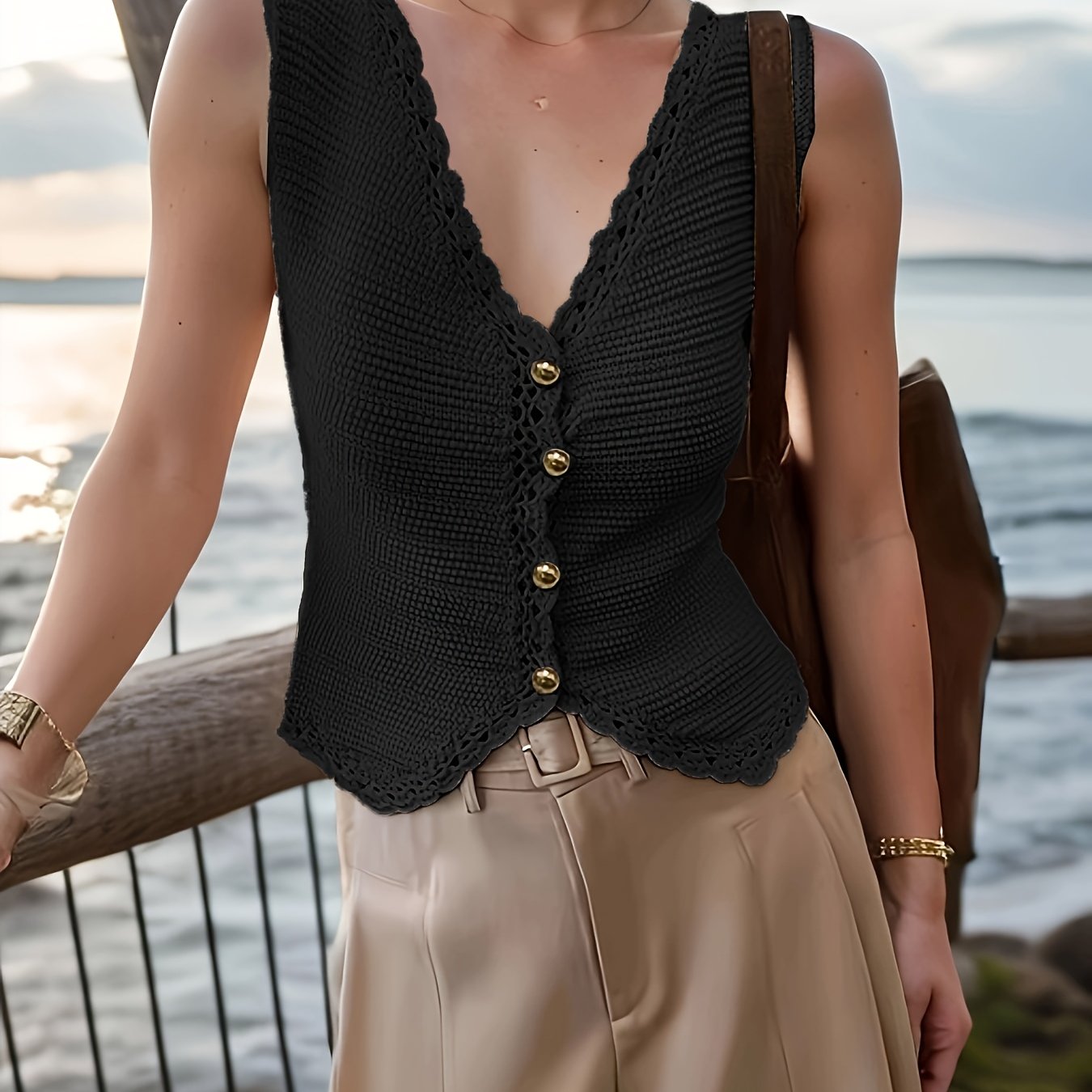 Plus o'lcham ayollar modasi bo'sh crochet V-shakli yengsiz yelek kofta