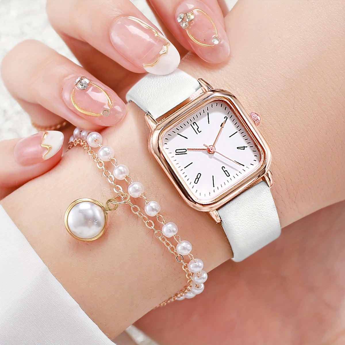 Women's Luxury Quartz Watch and Jewelry Set 5 Pieces Square Dial Pearl Accents Gift