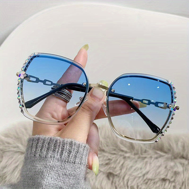 Women's Rimless Rhinestone Decor Gradient Glasses for Summer Beach Party
