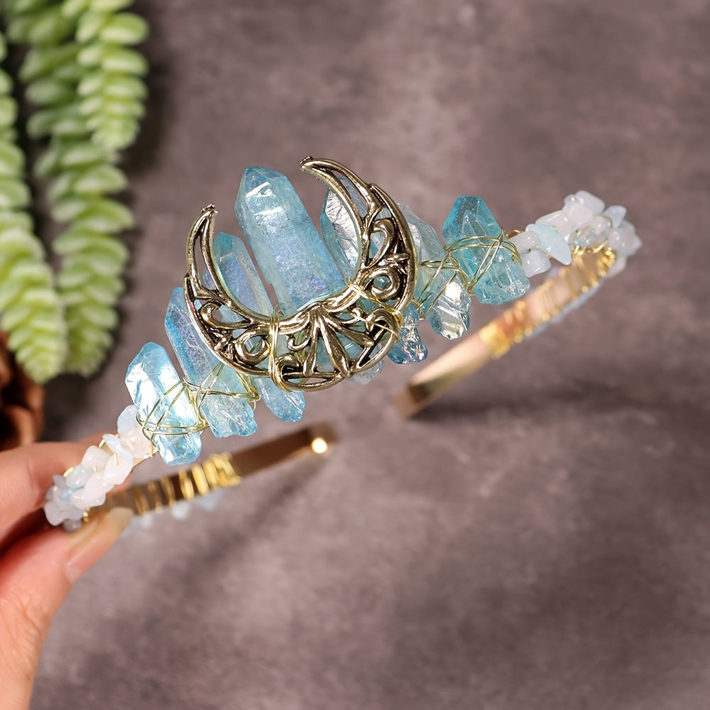 Women's Hair Accessory Headband with Natural Crystal and Moon Tiara Design