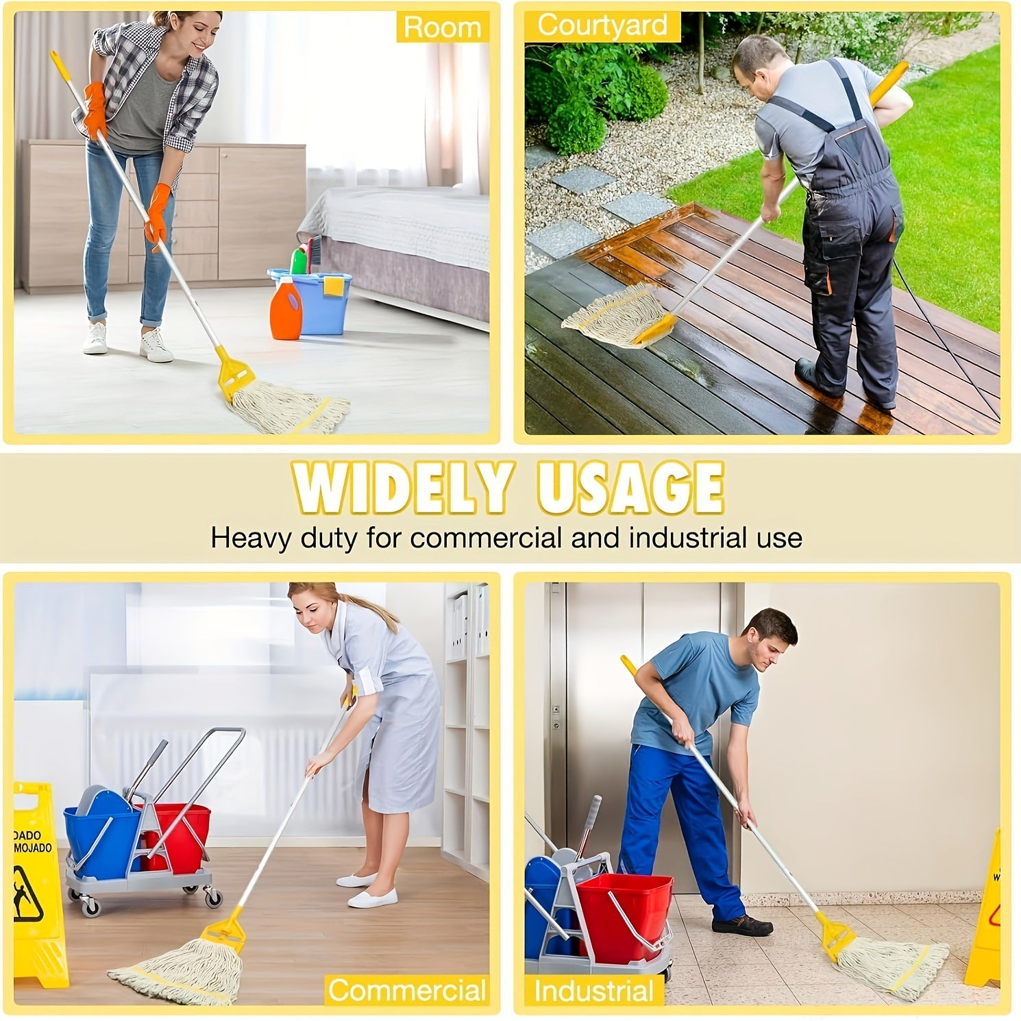 Uzun tutqichi bilan mustahkam sanoat ip mopu - uyda, ofisda, garajda va tijorat sharoitlarida nam va quruq tozalash uchun ideal