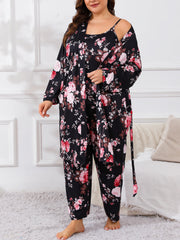 Plus Size Floral Print Pajama Set for Women Long Sleeve Lounge Robe Camisole and Pants Fall Winter Knit Polyester Blend