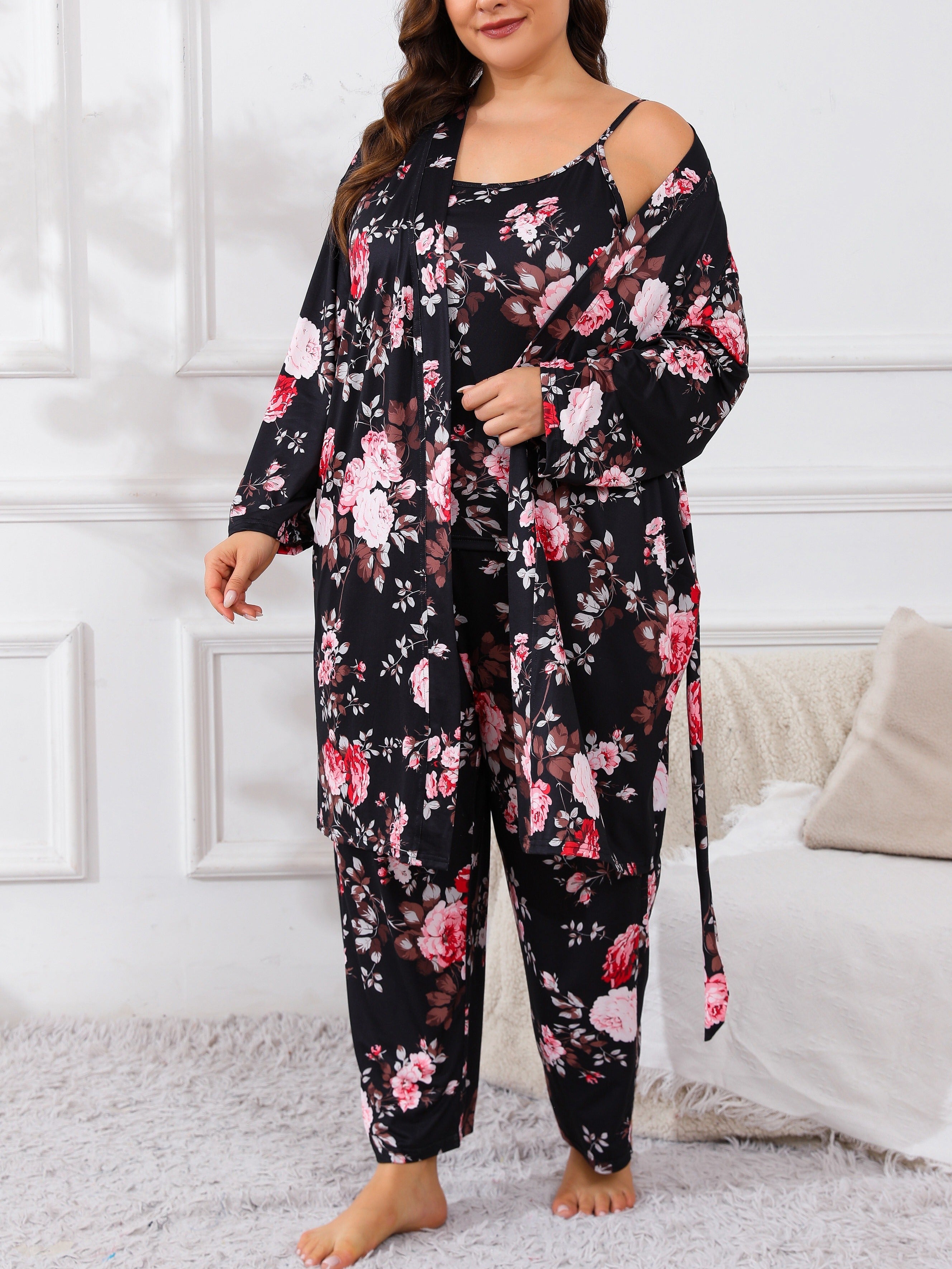 Plus Size Floral Print Pajama Set for Women Long Sleeve Lounge Robe Camisole and Pants Fall Winter Knit Polyester Blend