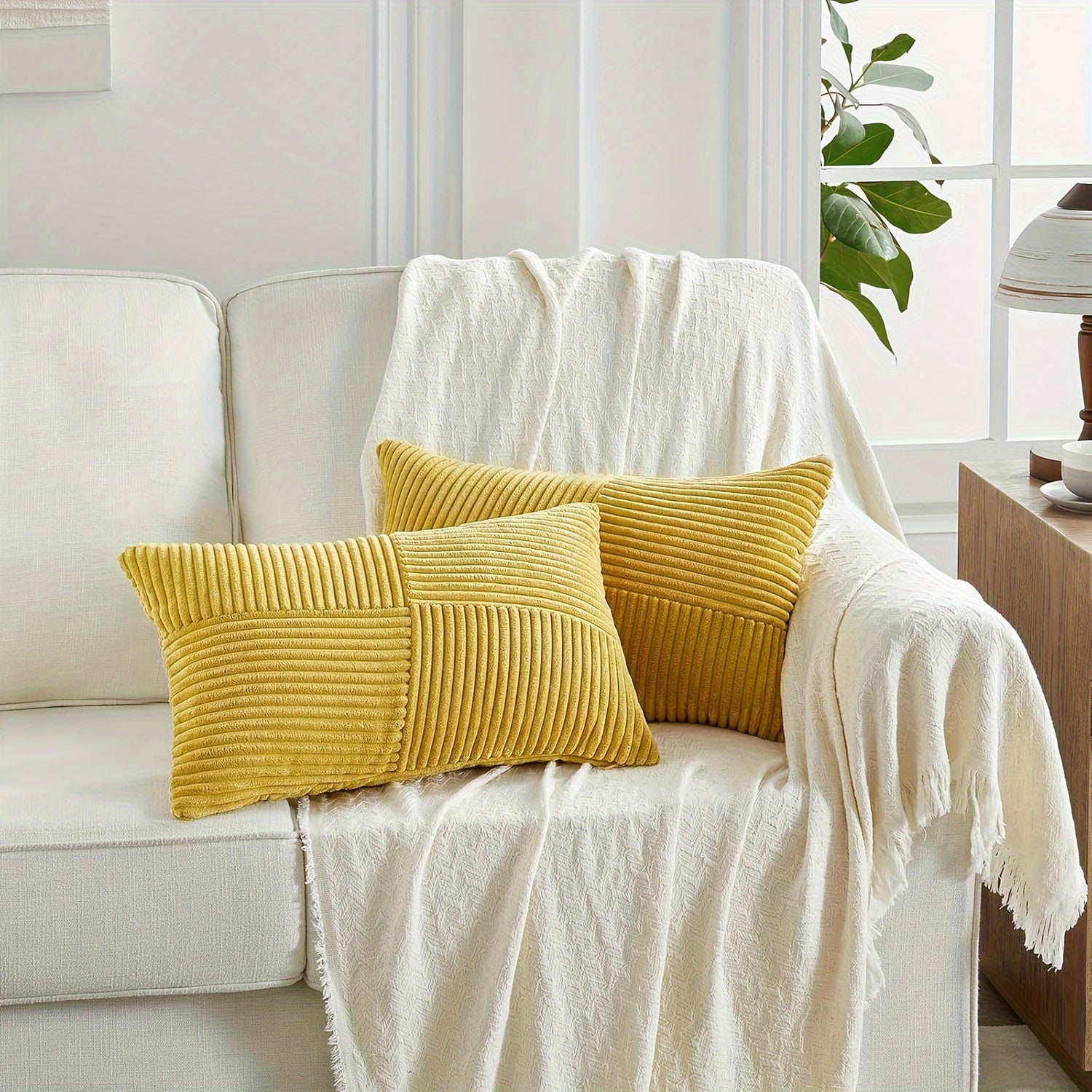 Bohemian Style Corduroy Throw Pillow Covers 2-Pack 45.72x45.72 cm Zippered Polyester Square Cushion Cases for Sofa Bed