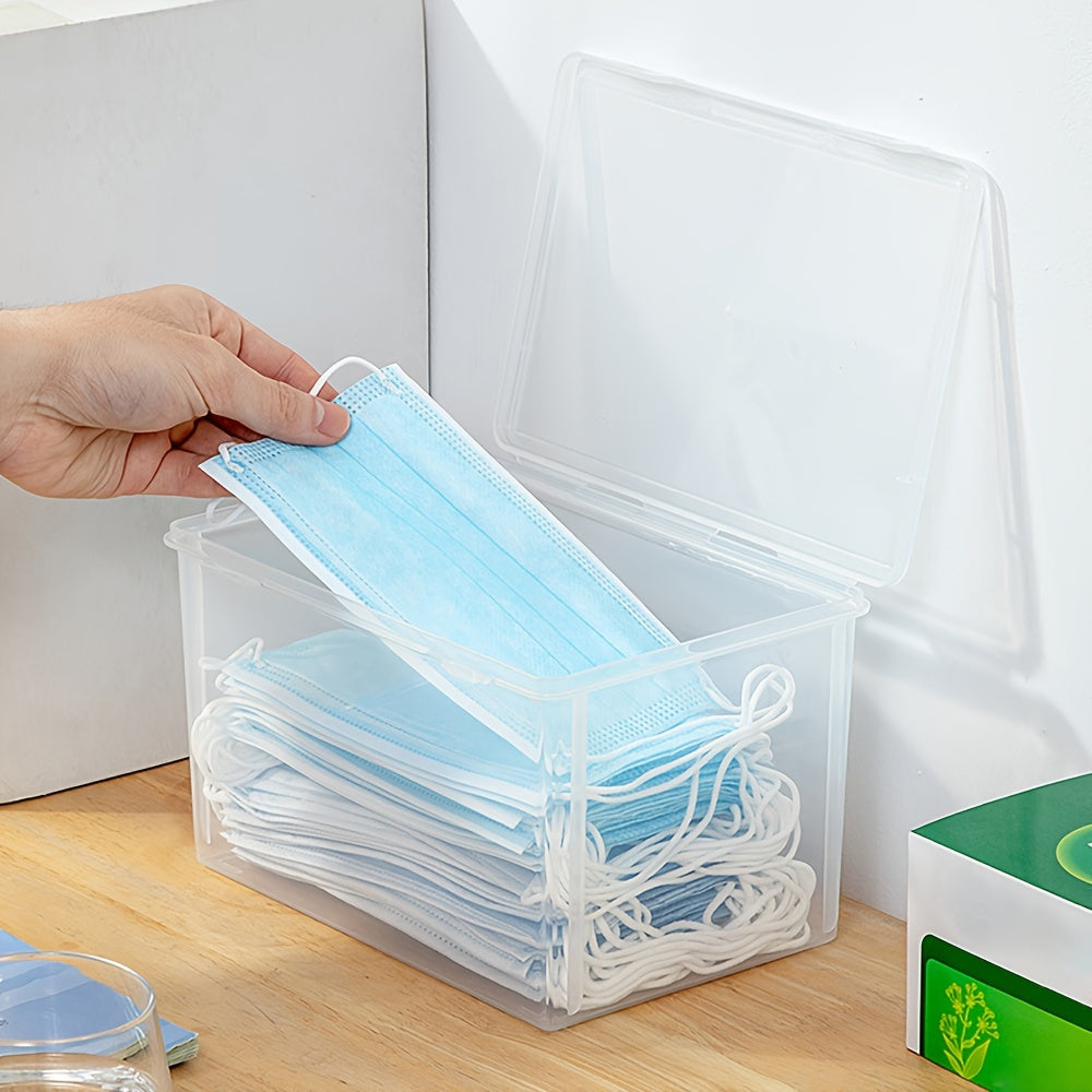 Caja de almacenamiento transparente con tapa abatible para organización de mascarillas y objetos pequeños