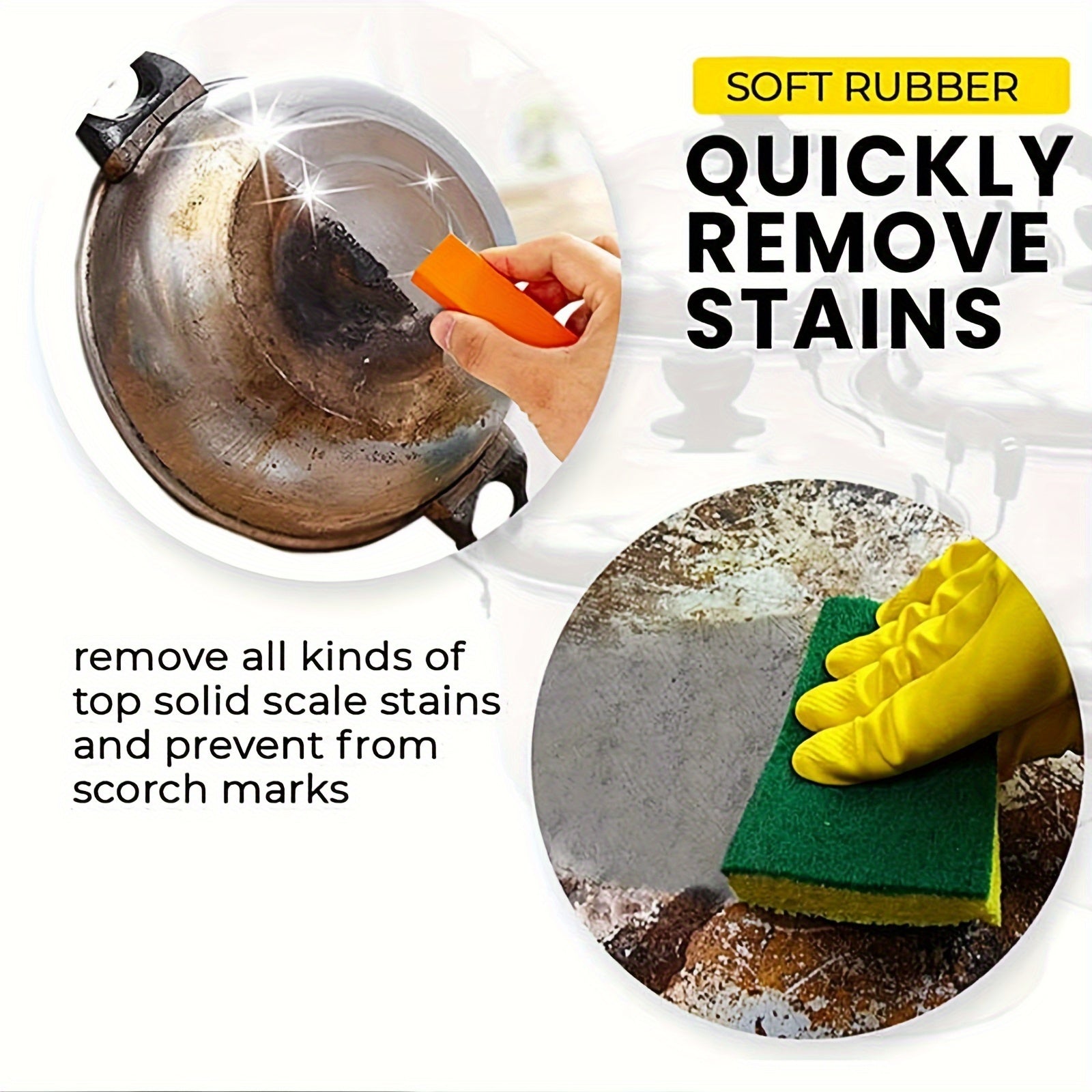 Трехкомпонентный набор нержавеющих стальных ластиков с оранжевым резиновым покрытием, предназначенный для удаления ржавчины на кухнях и в ванных комнатах. Идеально подходит для очистки пятен от туалета в домашних условиях.