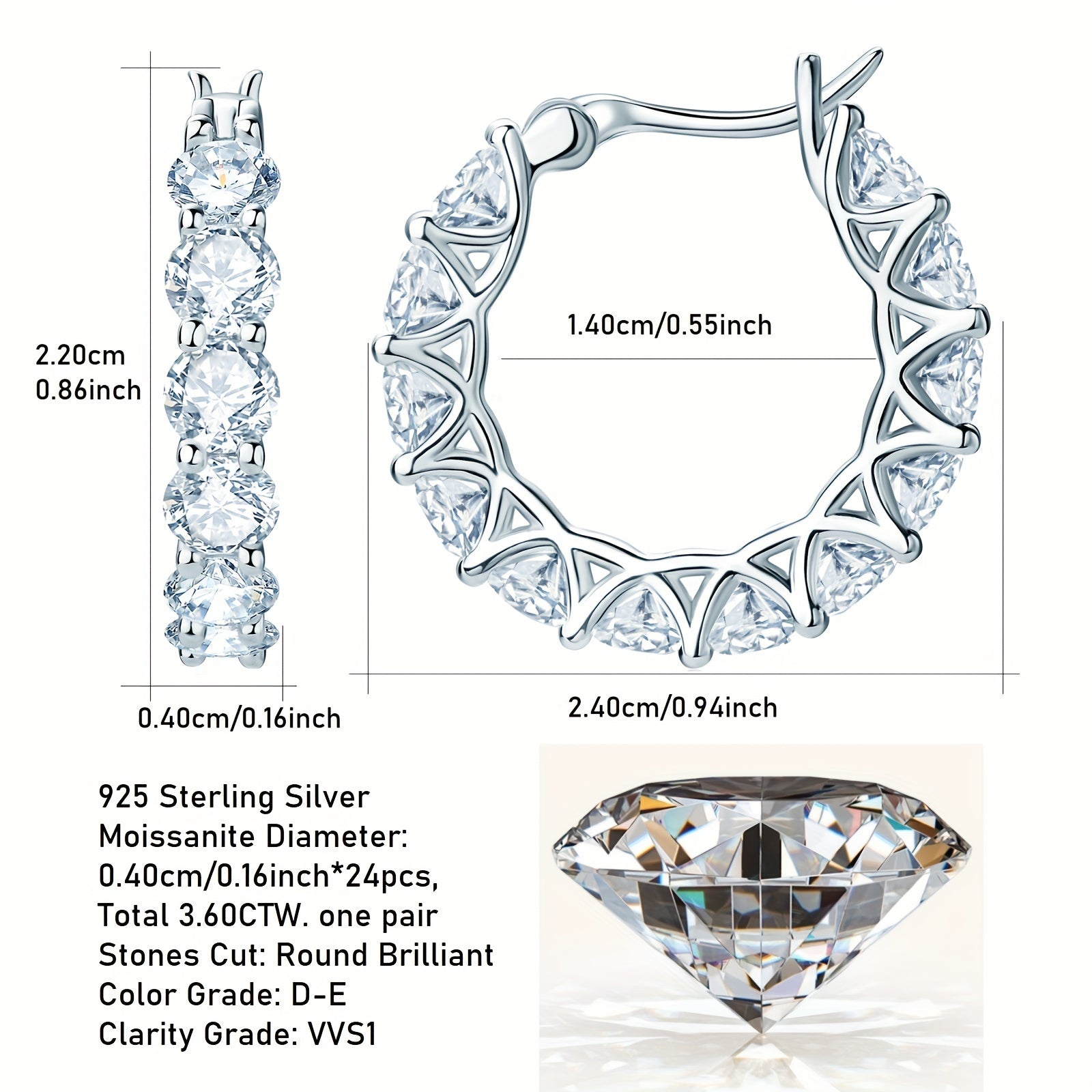 Sterling Silver Moissanite Earrings Round Full Circle 3mm 4mm Jewelry Gift