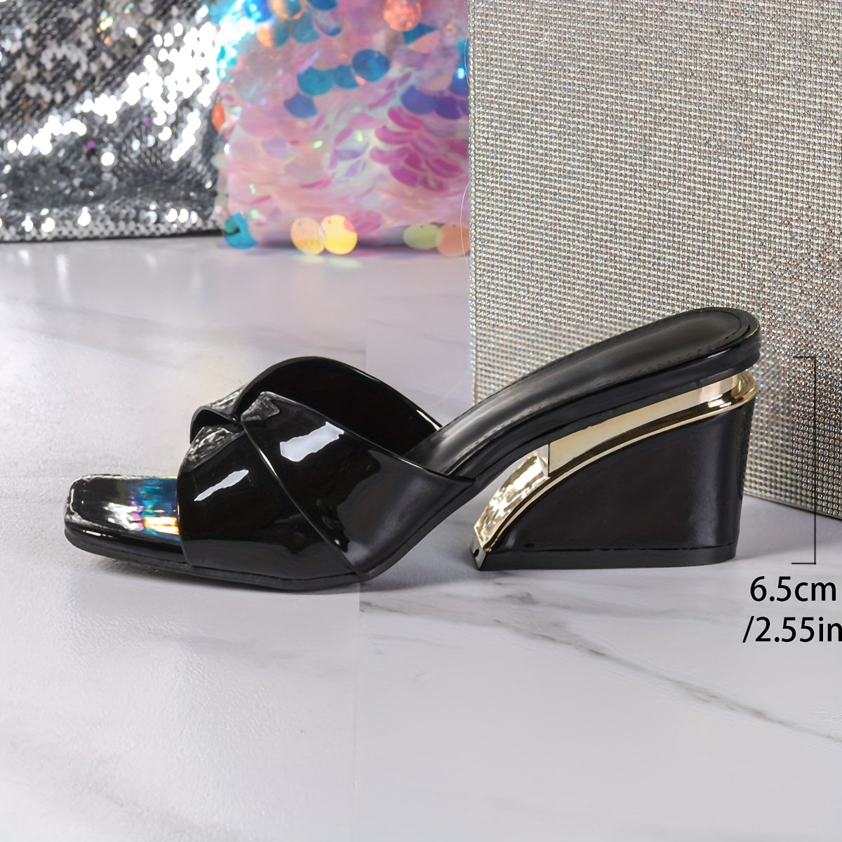 Women's Summer Chunky Wedge Heel Sandals - Square Toe Peep-Toe Gold Accents