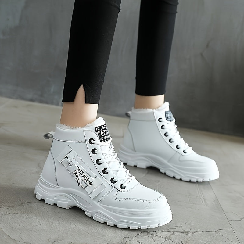 Women's Fleece-Lined Mid-Heel Winter Boots Black White Outdoor Shoes