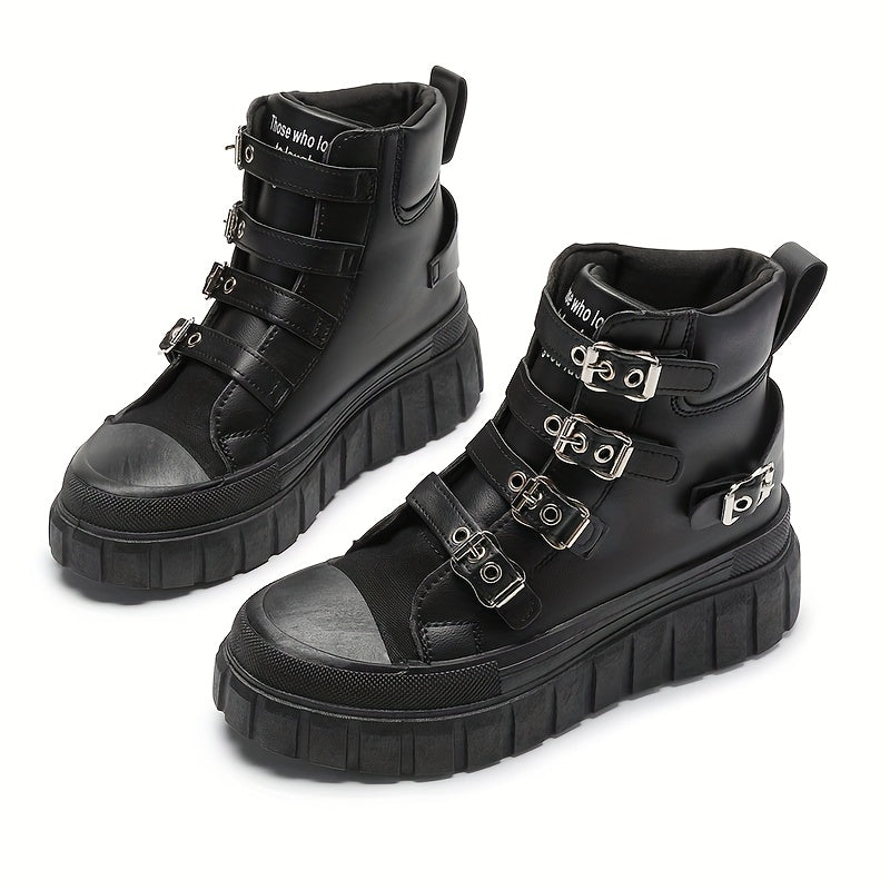 Women’s Black Motorcycle Boots with Metal Buckles and Thick Sole