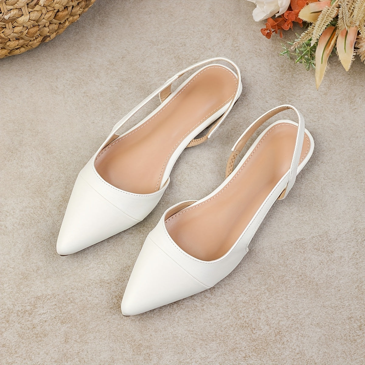 Women's Pointed Toe Flat Sandals White Open Toe Slip-On Casual Formal
