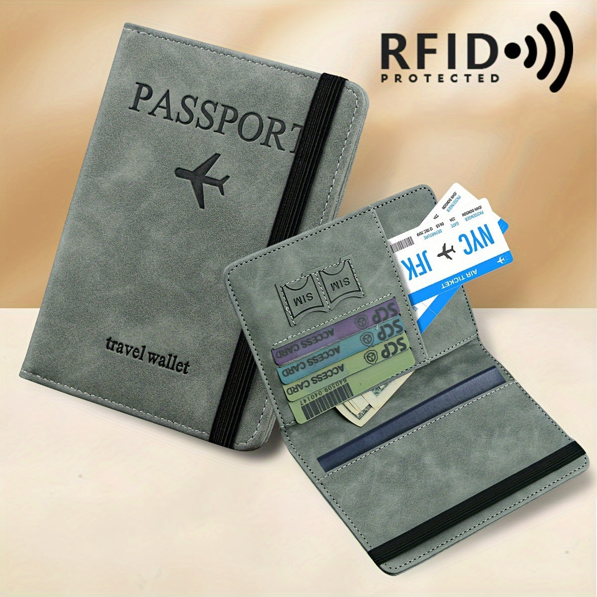 RFID Passport Holder Thin Retro PU Wallet Travel Document Organizer Light Grey