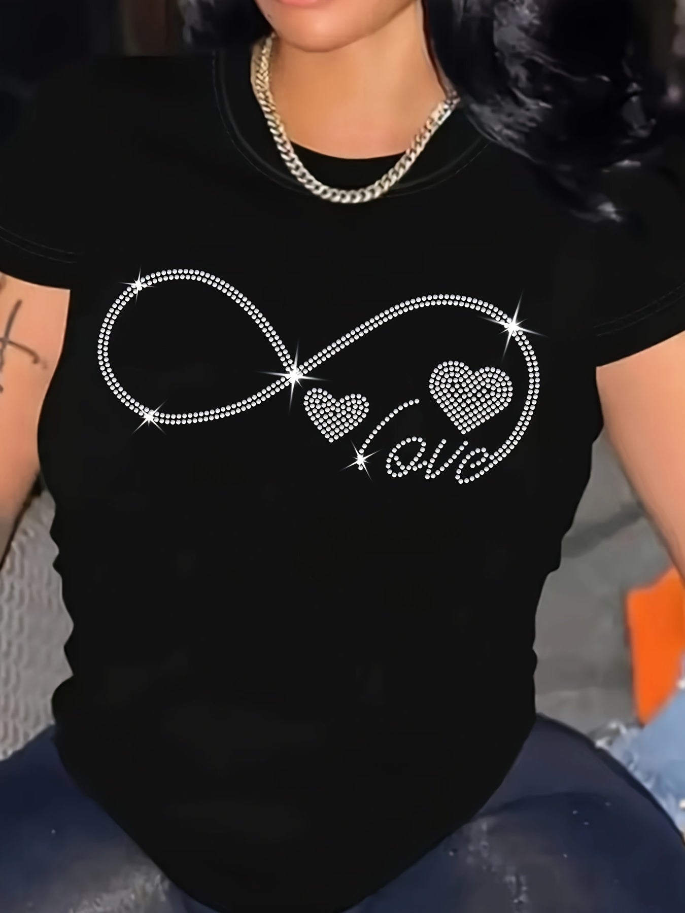 Plus Size Women's Casual T-Shirt with Rhinestone Geometric Pattern Polyester Blend