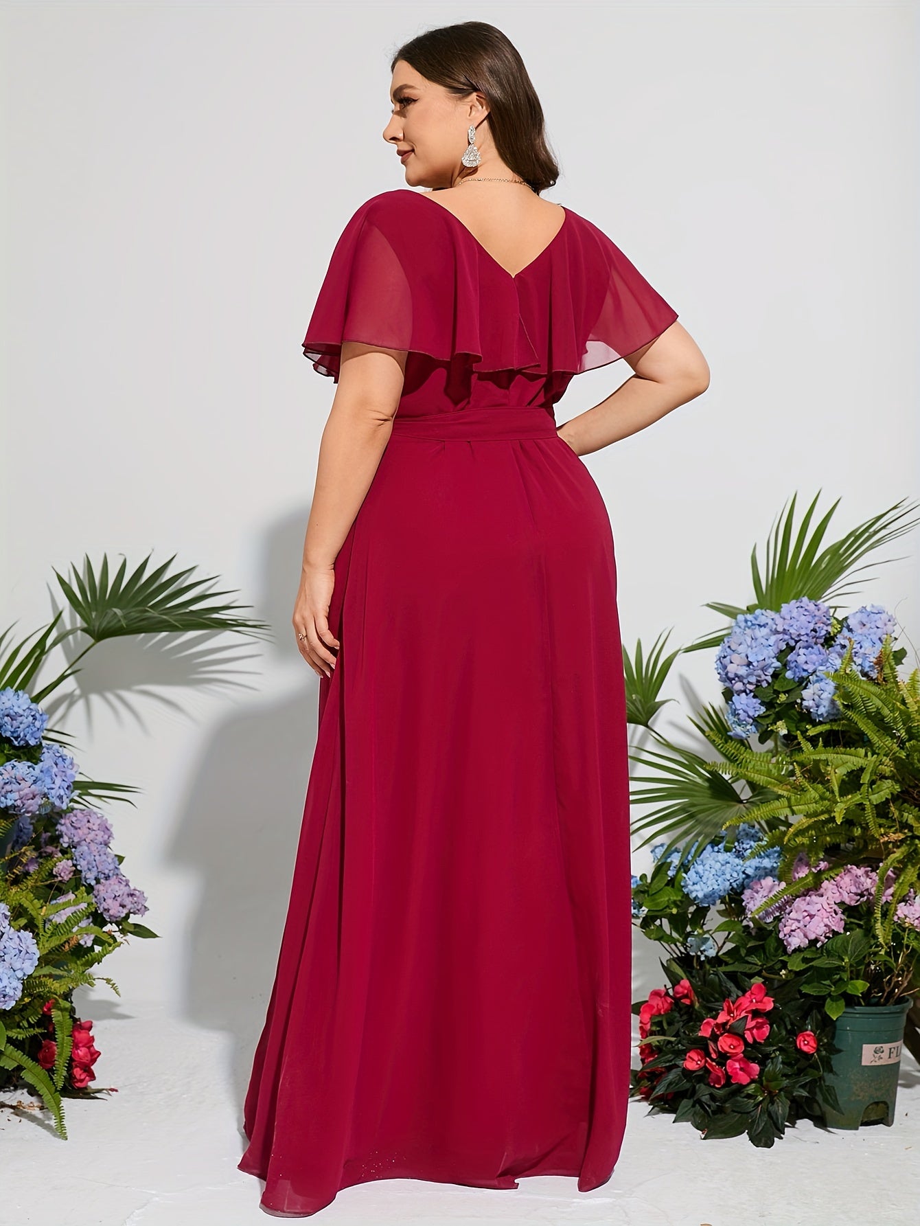 Plus Size V-Neck Chiffon Gown with Ruffled Sleeves and High Waist Purple