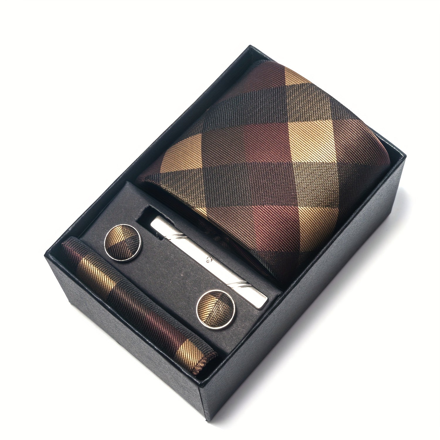 Men's Plaid Tie Set with Pocket Square Cufflinks and Tie Clip in Gift Box