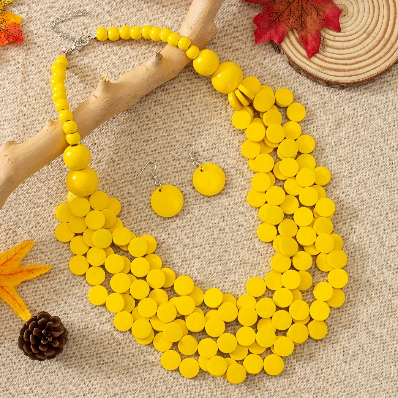 Wooden Boho Style Jewelry Set with Earrings and Necklace for Women