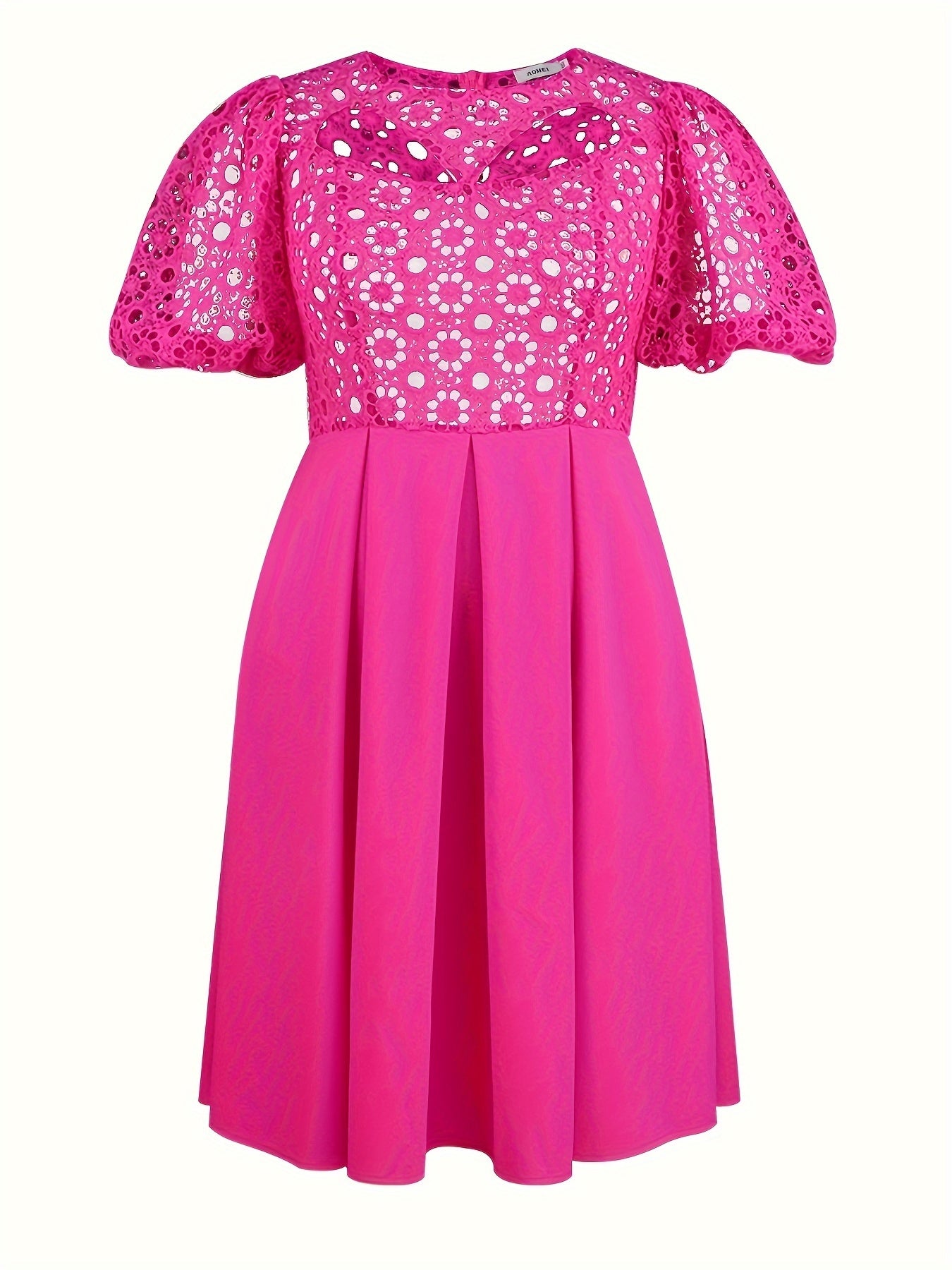 Women's Lace-Trimmed A-Line Midi Dress with Puff Sleeves Spring Green