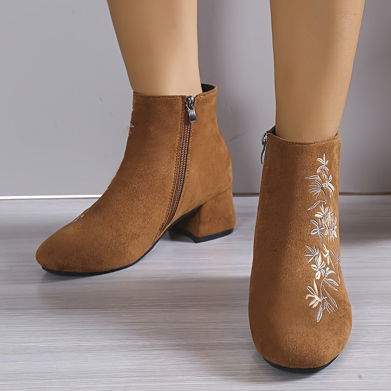 Women's Flower Pattern Chunky Heel Ankle Boots Square Toe Zipper