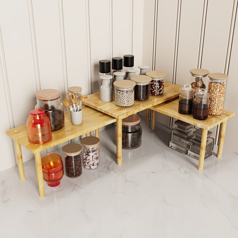 Set of 3 Bamboo Cabinet Organizers Adjustable Countertop Shelves Kitchen Storage Rack