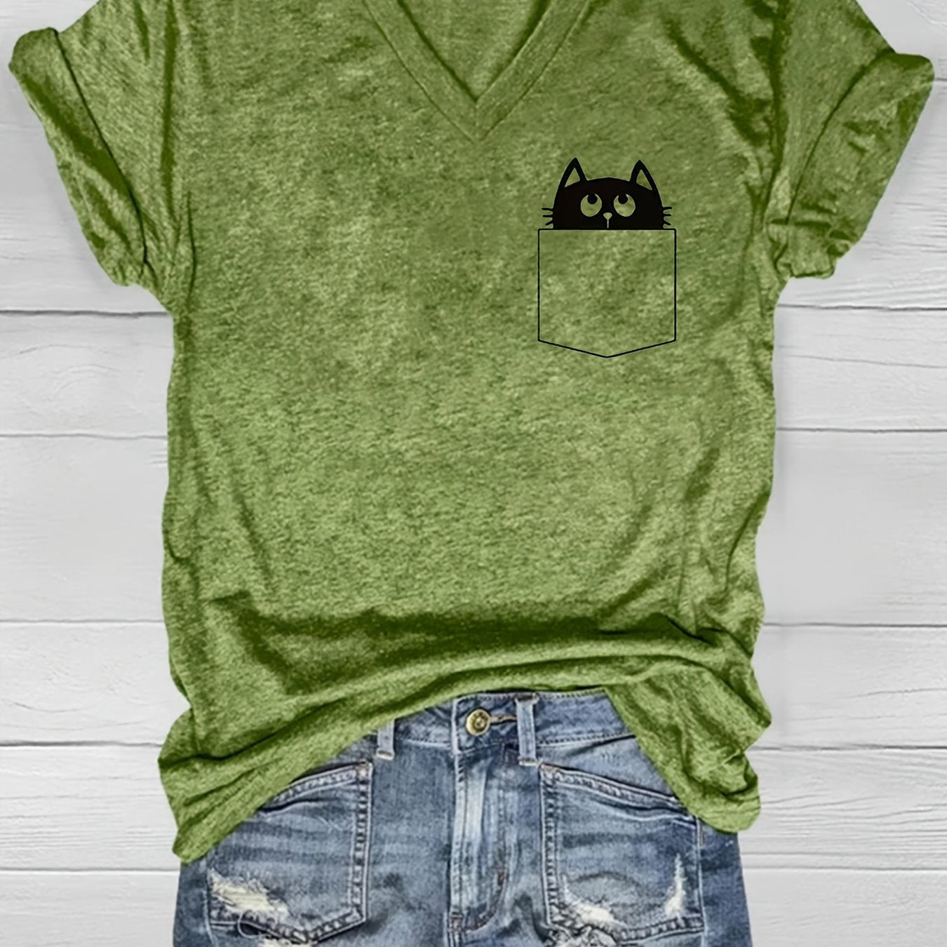 Women's V-Neck T-Shirt Short Sleeve Geometric Cat Pocket Summer Knit Polyester Rayon Spandex